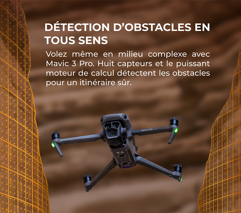 DJI Mavic 3 avec détection d'obstacles en vol dans un environnement rocheux complexe