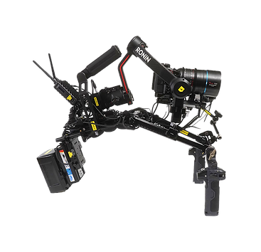 Stabilisateur de caméra complexe DJI Ronin avec de nombreux bras articulés et accessoires, y compris une caméra montée et des moniteurs