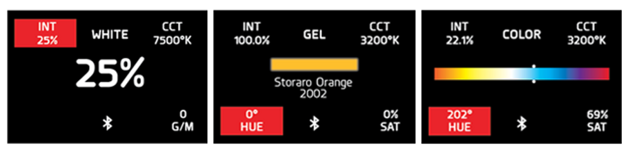 Exemples de réglages de couleur et température pour DMG SL1 MIX avec intensité, CCT, et saturation