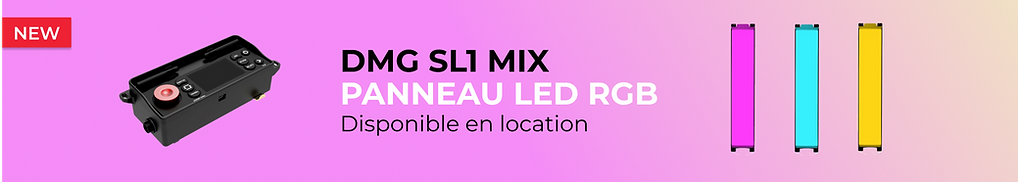 Promotion du DMG SL1 MIX Panneau LED RGB avec visuel de produit et texte 'Disponible en location' pour attirer les professionnels de la vidéo