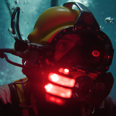 Plongeur portant un casque de plongée avec des lumières rouges allumées, sous l'eau avec des bulles autour